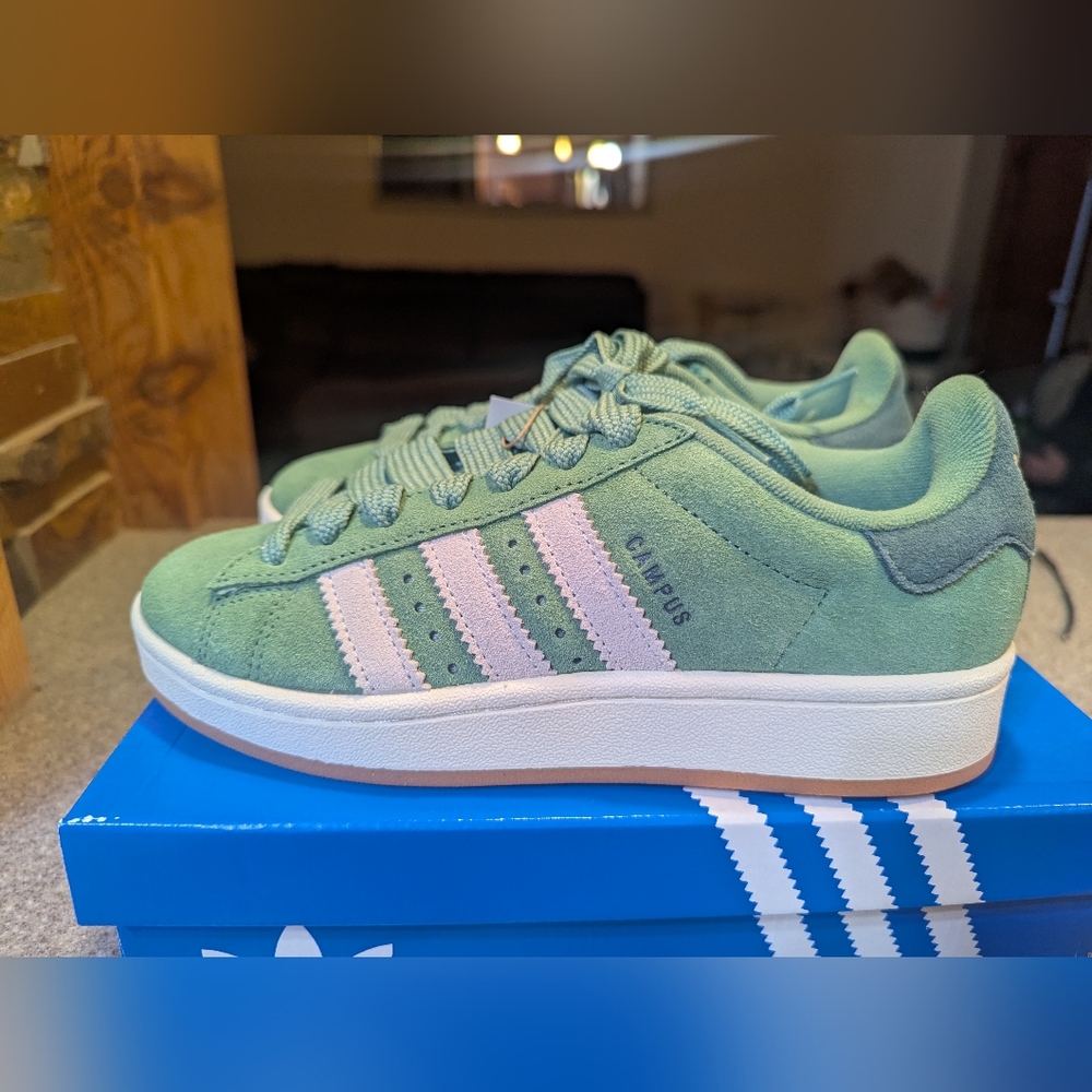 adidas Campus Suede Women's Sneakers — Mint Green with Light Pink Stripes